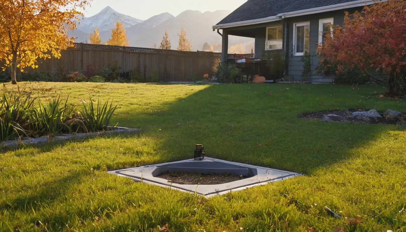 A quiet yard in the Broomfield area with a septic tank lid marked in early fall